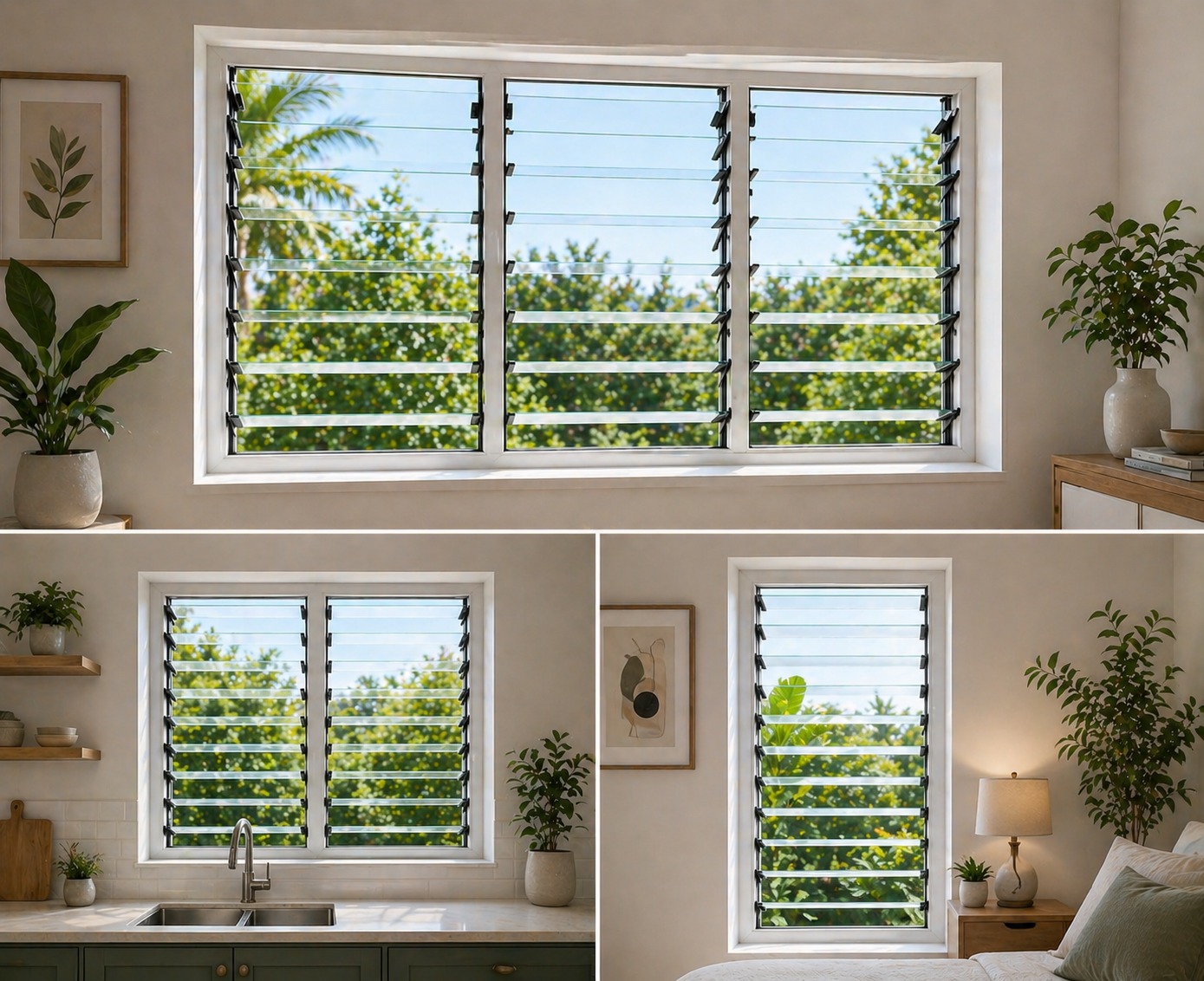 uPVC louver windows in Coimbatore — horizontal slats to control airflow and privacy, ideal for South Indian tropical climate homes